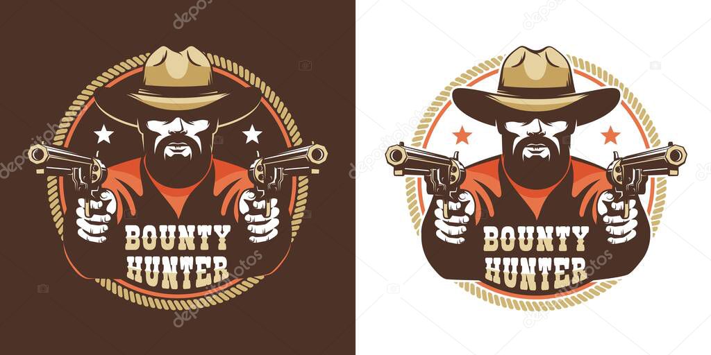 Bearded cowboy with guns - vintage wild west emblem. Western bandit retro logo. Vector illustration.