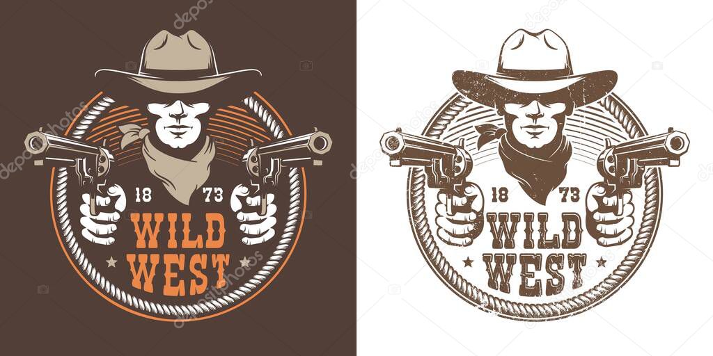 Cowboy with guns - wild west vintage logo. Bandit cowboy with pistol in a hat - retro emblem. Vector illustration.