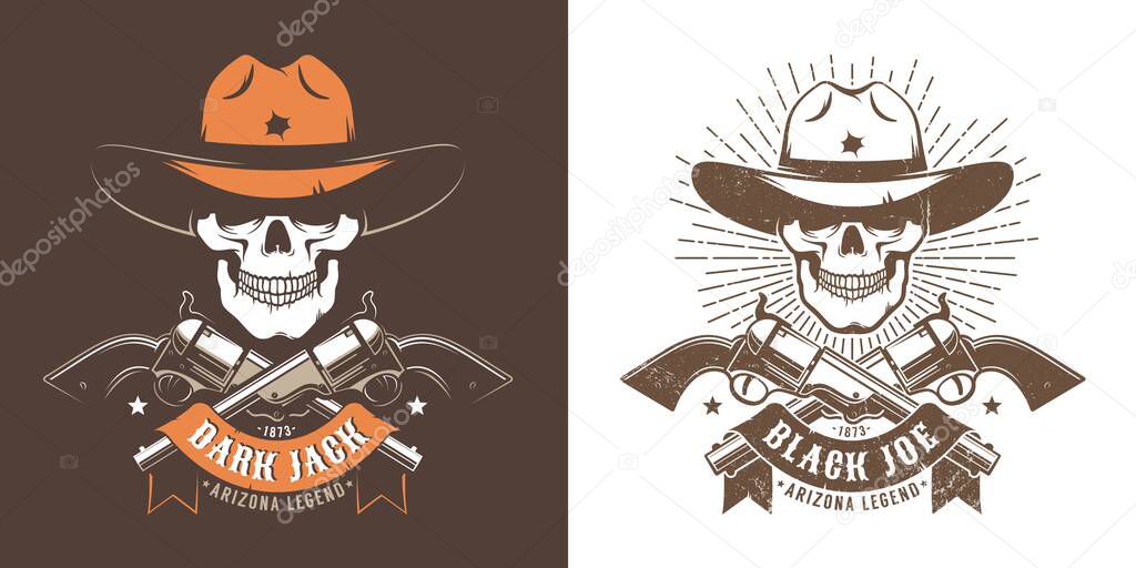 Cowboy skull with crossed guns - wild west retro logo. Bandit cowboy skull retro emblem with pistols and ribbon. Vector illustration.