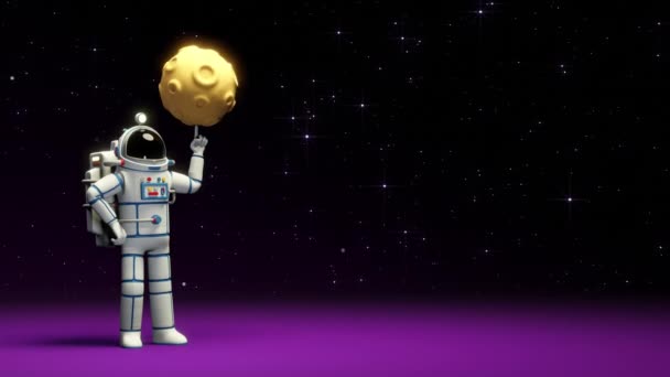 Astronaut in spacesuit twirls the moon on his finger — Stock Video