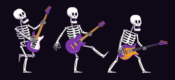 Skeleton with an electric guitar plays rock music — Stock Vector