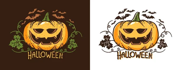 Abóbora de Halloween com folhas e morcegos — Vetor de Stock