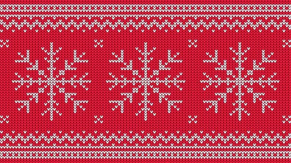 Stickat mönster med vit snöflinga och dekorkant på röd bakgrund. — Stock vektor