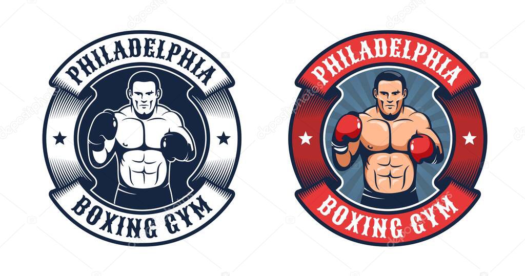 Vintage boxing badge. Boxer in fighting stance - retro emblem. Vector illustration.