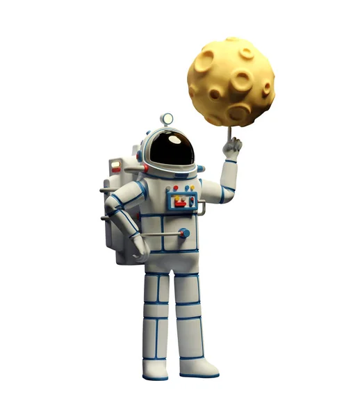 Isolated Spaceman in spacesuit twirls the moon on his finger — Stock Photo, Image