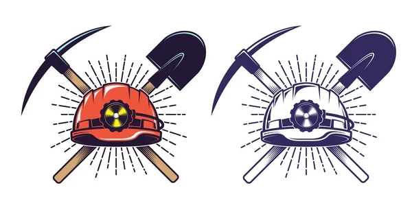Логотип горнодобывающей промышленности со шлемом и лопатой в ретро-винтажном стиле — стоковый вектор