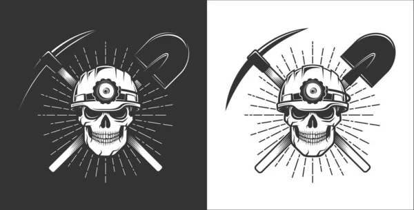 レトロスタイルで鉱夫のロゴ。採掘用ヘルメットの頭蓋骨 — ストックベクタ