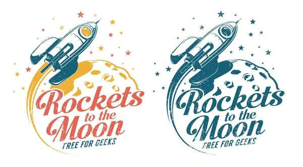 Eine Rakete fliegt um den Mond - Vintage Emblem Poster Print — Stockvektor