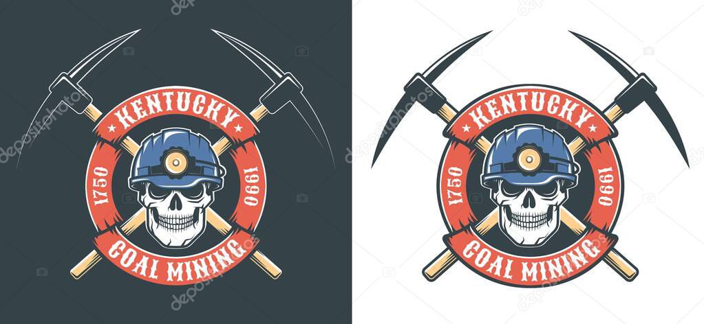 Miner skull in hardhat and crossed picks - retro mining logo