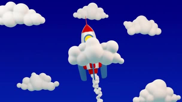 Rakieta 3d kreskówki leci w górę na niebie wśród chmur — Wideo stockowe