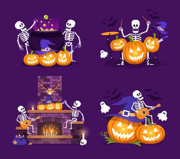 Conjunto de composições de Halloween de abóboras e esqueletos —  Vetores de Stock