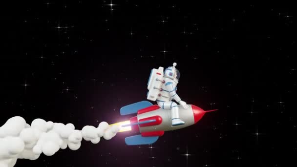 3D Astronaut riding a rocket in starry space — Stock Video