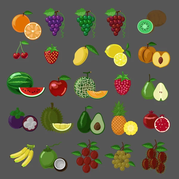 Flachen Stil Früchte Vektor Icon Set — Stockvektor