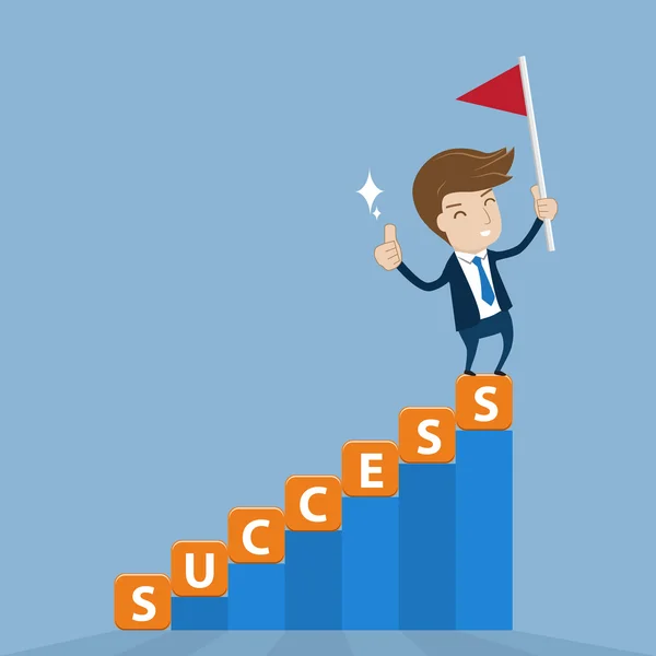 Podnikatel, stojící na vrcholu schodiště úspěch s příznakem VI — Stockový vektor
