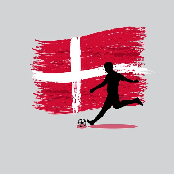 Futball játékos cselekvés, a Dán Királyság zászló a háttérben — Stock Vector