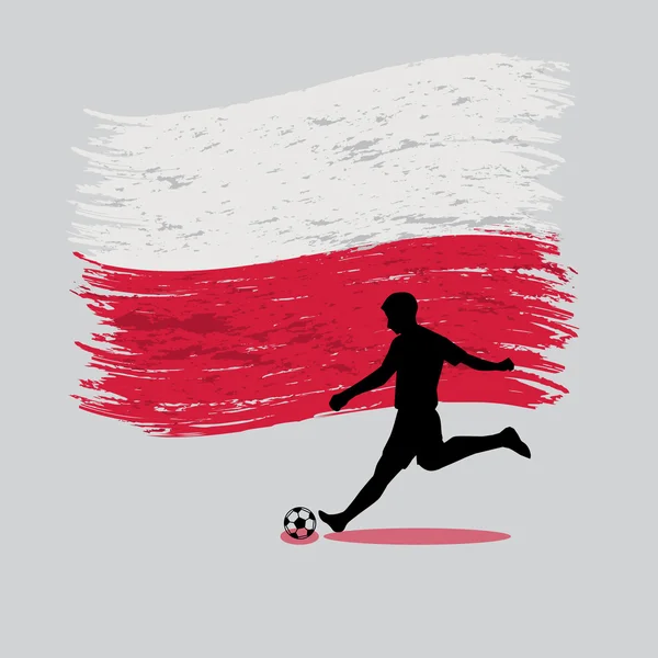 Voetbal speler actie met de Republiek Polen vlag op achtergrond — Stockvector