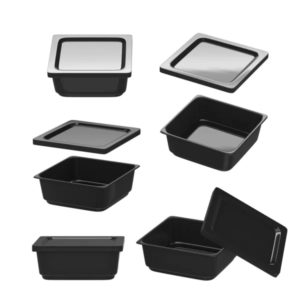 Black square plastic container for food production with clipping — Stock Image Black square plastic container for food production with clipping Stock Image