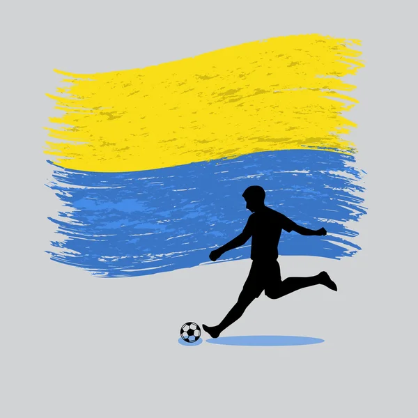 Fußballer-Aktion mit ukrainischer Flagge im Hintergrund — Stockvektor