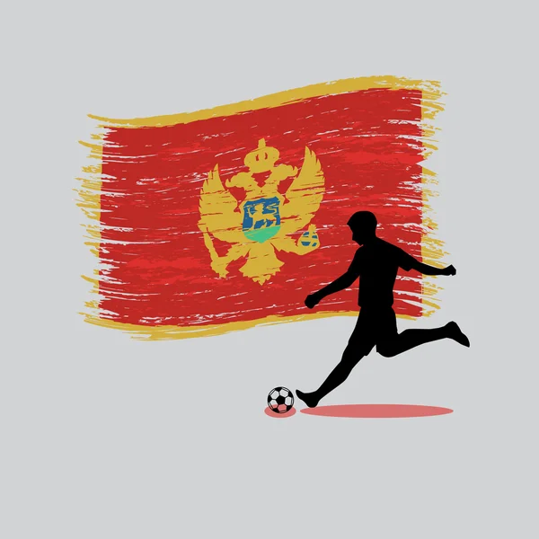 Azione del giocatore di calcio con bandiera Montenegro sullo sfondo — Vettoriale Stock