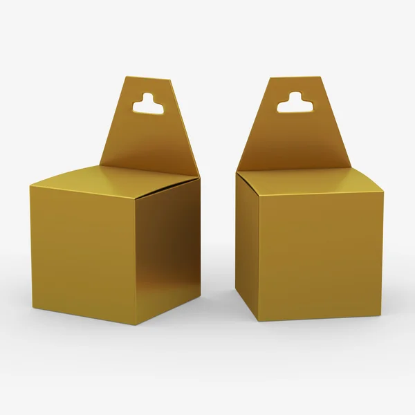 Gold paper box packaging with hanger, clipping path included — Stock Photo, Image