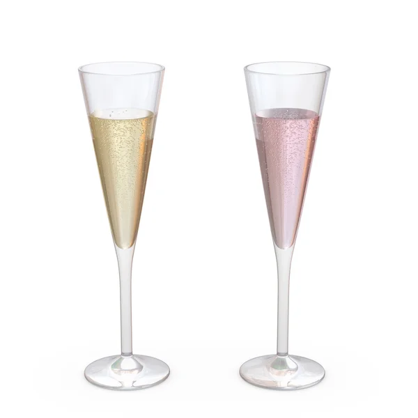 Champagne trompeta flautas vasos conjunto con líquido, camino de recorte — Foto de Stock