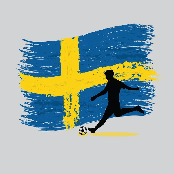 Fußballer-Aktion mit schwedischer Flagge im Hintergrund — Stockvektor