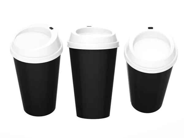 白いキャップ、クリッピング パスを含める黒い空白のコーヒー カップ — ストック写真