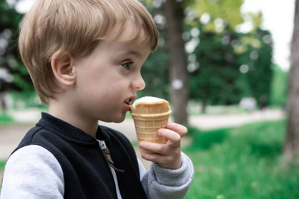 Çocuk yaz parkında dondurma yiyor. Arka planda yeşil çimenler ve ağaçlar var. Çocukların en sevdiği tatlı konsepti