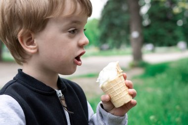 Çocuk el ele tutuşup bir yaz parkında dondurma yiyor. Arka planda yeşil çimenler ve ağaçlar var. Çocukların en sevdiği tatlı konsepti