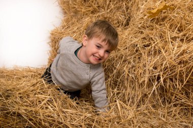 Küçük çocuk çiftlikteki saman yığınının yanında oturuyor. Çocuk, anne ve babaya ev işlerinde yardım eder. Arka planda saman olan çantalar..