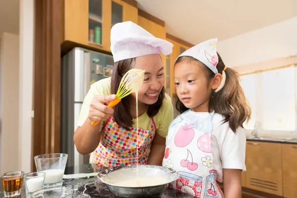 Asian mother and daughter enjoy making pancake