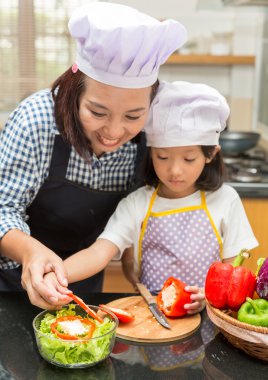 Asya anne öğretim kız mutfak mutlu Asya yemek kavramı salatası yapma küçük kız ve annesi salatası yapmak