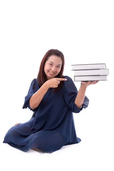 Mulher estudante feliz com livros, isolado em fundo branco — Fotografia de Stock