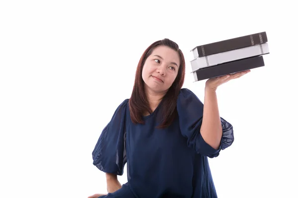 Gelukkig student vrouw met boeken, geïsoleerd op witte achtergrond — Stockfoto