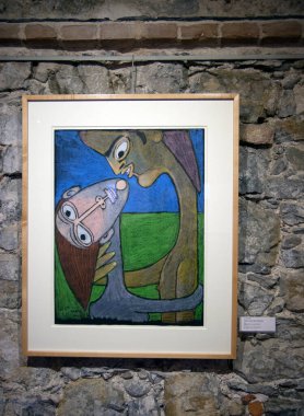 Menton,  Artworks in The Bastion Museum by Jean Cocteau.  Embarrassing fisherman and young girl.  Color lithograph on Rives vellum.