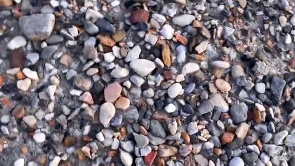 Kamera Pohybuje Kruhovým Pohybem Kolem Osy Nad Oblázkovou Pláží Krásnými — Stock video