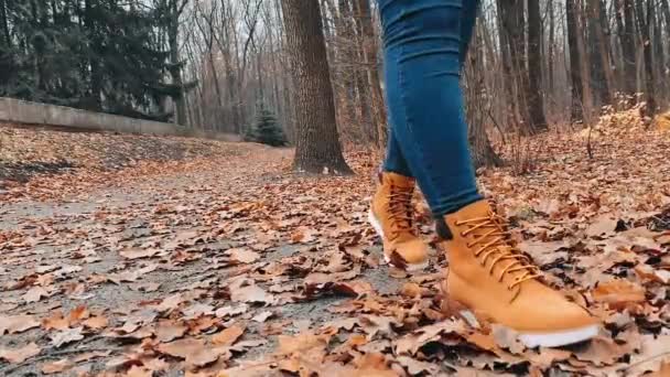 Uma Menina Sapatos Amarelos Com Cadarços Solas Brancas Jeans Azul — Vídeo de Stock