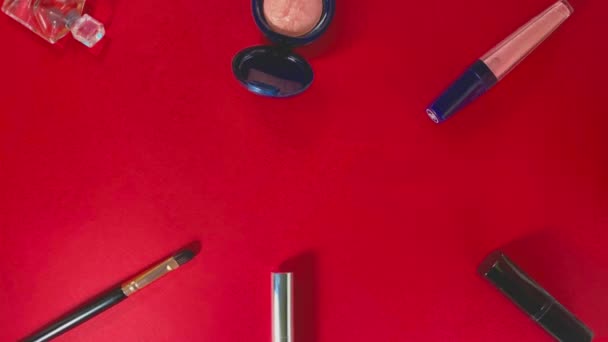Stop Motion Video Moving Lip Gloss Mascara Blush Perfume Makeup — Stock Video