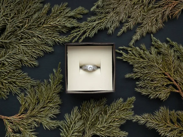 In the jewelry box there is a ring with a frame from juniper branches on a beautiful black background. Romantic concept. Flat style.