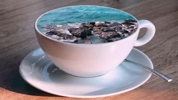 Atas Meja Dalam Cangkir Putih Keramik Gelombang Laut Memercikkan Terhadap — Stok Video