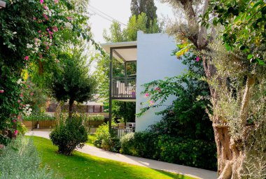 Otelin, inanılmaz güzel bir bahçesi, çiçek açan çalıları ve meyve ağaçları olan bir tatil köyü. Otelin bölgesindeki bina, dinlenme ve turizm konsepti..