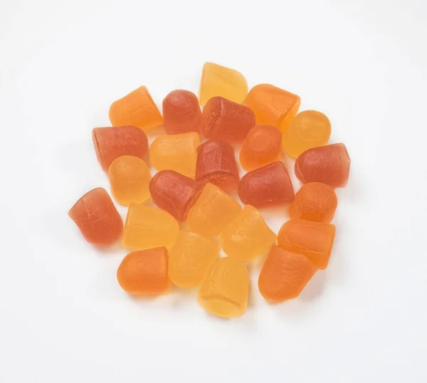 Närbild Textur Orange Och Gula Multivitamin Gummier Vit Bakgrund Friska — Stockfoto