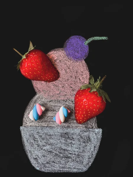 Ice cream drawn with chalk on a black background with strawberry pieces and small marshmallows as augmented reality.