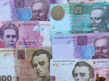 Farklı notlardan Ukrayna para dokusu. Ukrayna para birimi..