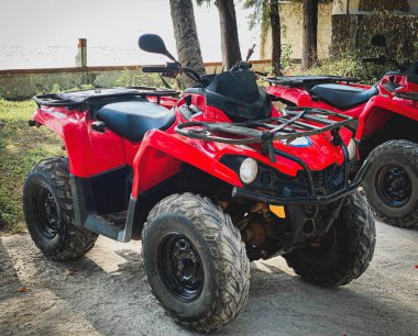 Tropikal bir manzaranın arka planında kırmızı ATV