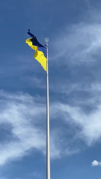 Kiev, Ukraine, the state flag of Ukraine, blue and yellow, as well as the coat of arms of the country against the background of a bright blue sky swaying in the wind — Stock video