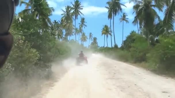 Giro in quad su un'isola tropicale tra belle palme alte in una giornata di sole. Concetto di viaggio e turismo — Video Stock
