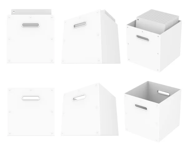 Box bianco di archiviazione vuoto e con documenti di file bianchi, isolato su sfondo bianco. Facile da modificare per il vostro design . — Foto Stock