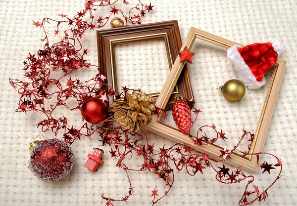 Fondo Vacaciones Abstracto Con Decoraciones Navidad Oro Bolas Vidrio Rojo —  Fotos de Stock