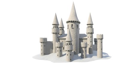Sandcastle kumsalda parlak gökyüzü. 3D render